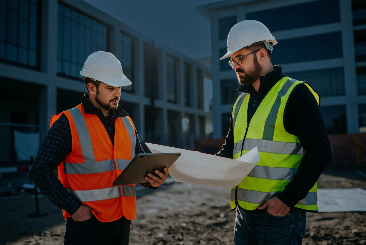Chef de chantier consultant une tablette sur site de construction