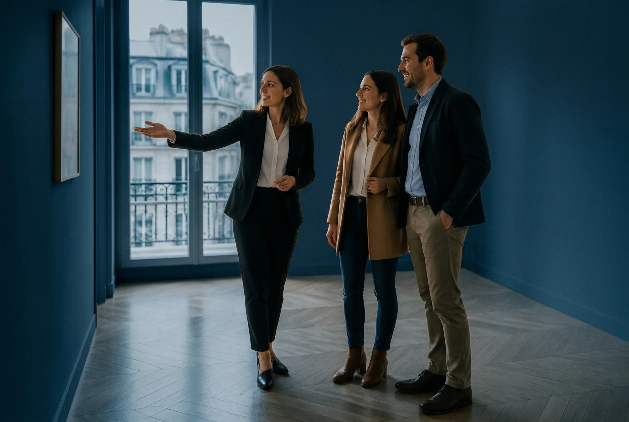 Agente immobilière présentant un appartement à un couple