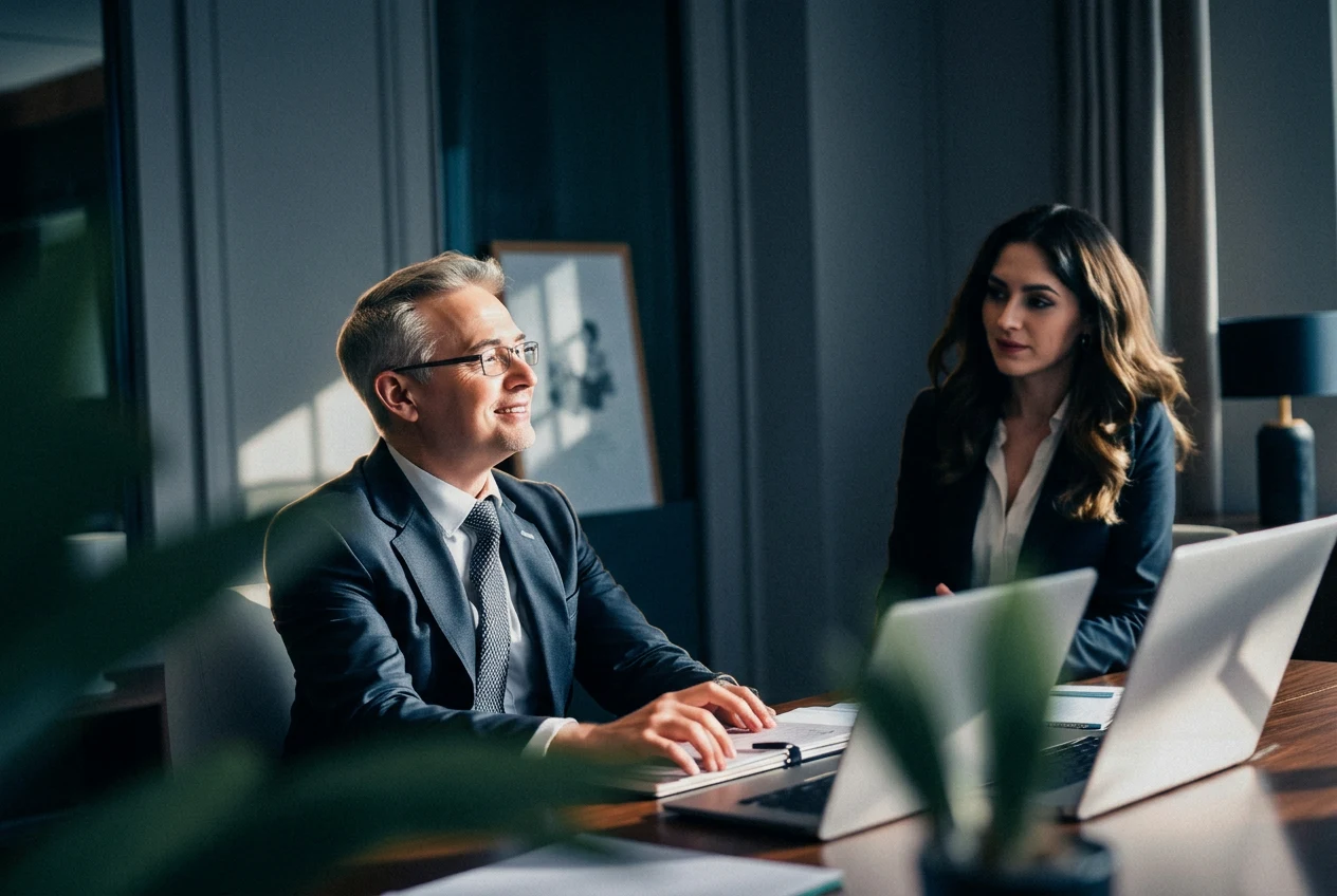 Consultant en rendez-vous client dans un cabinet moderne