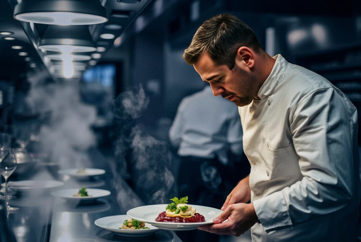 Chef en cuisine dressant une assiette lors du service